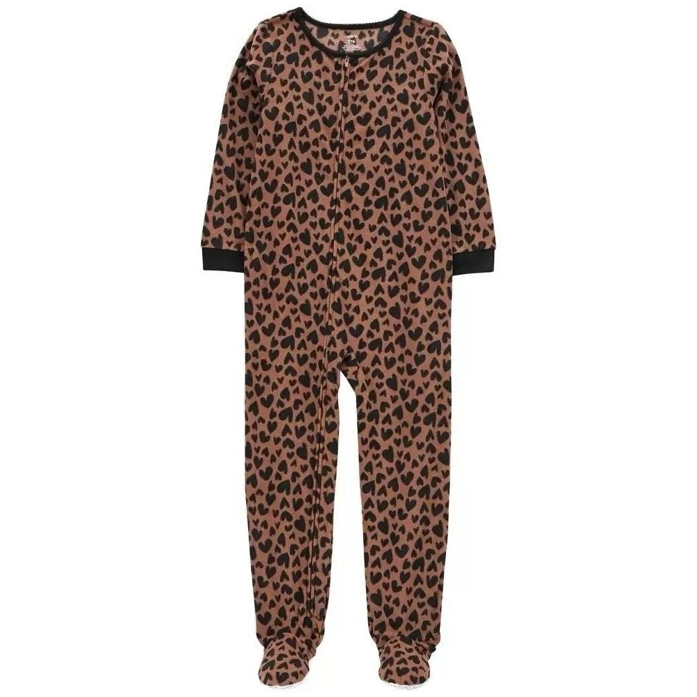 Girls Fleece Leopard Hearts PJs Pajama One Piece Footed Sleeper Zip Cozy 6
